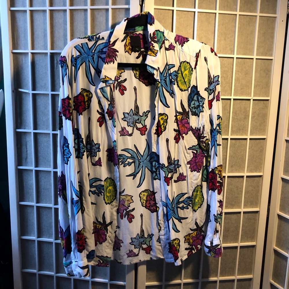 White Floral Print button up